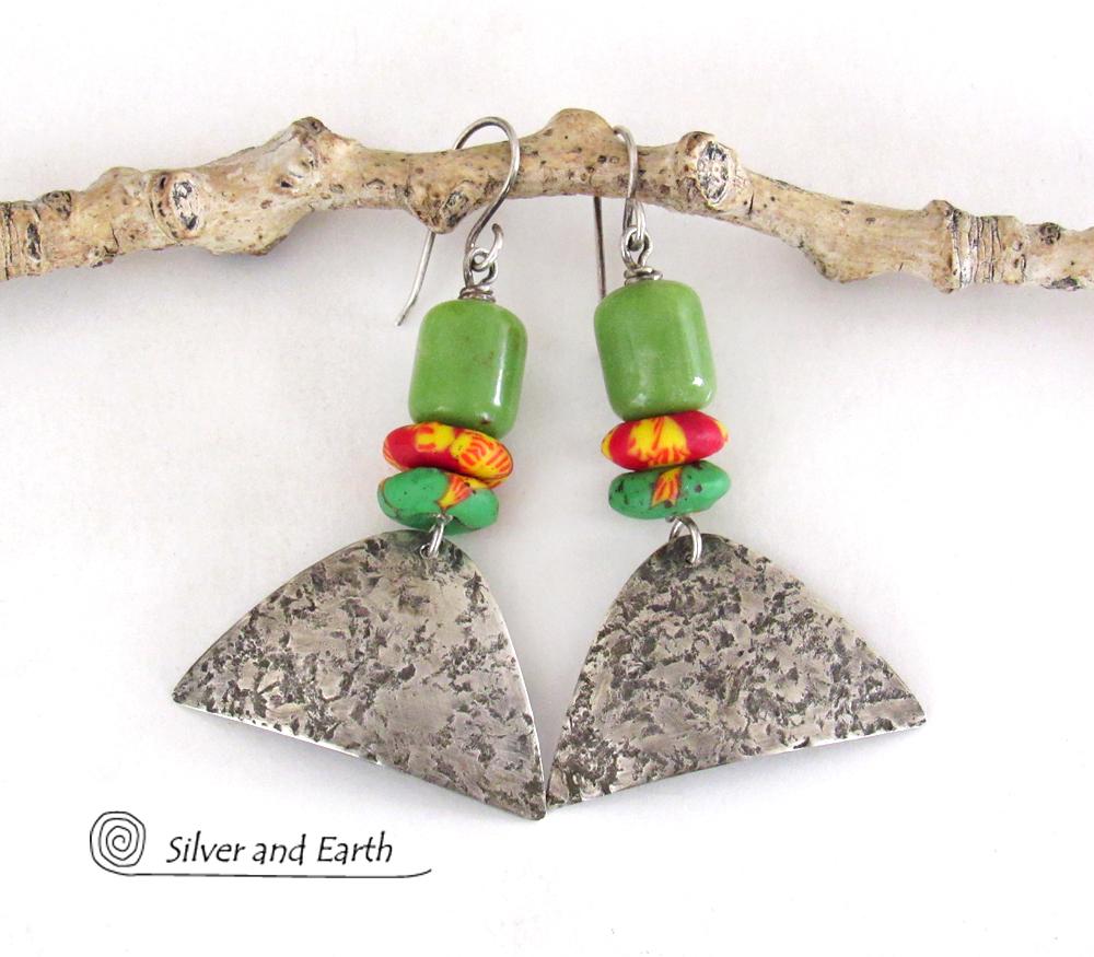 Rustic Tribal Sterling Silver Earrings with Colorful African Glass Beads and Green Serpentine Stones