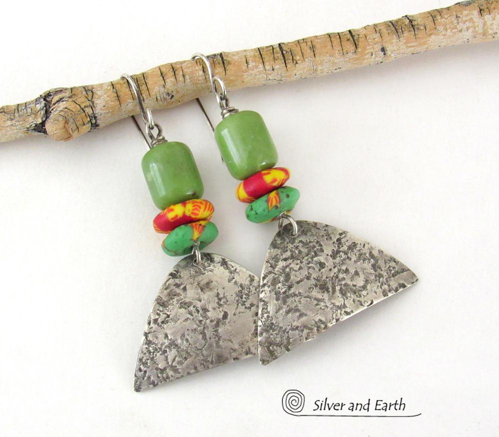 Rustic Tribal Sterling Silver Earrings with Colorful African Glass Beads and Green Serpentine Stones