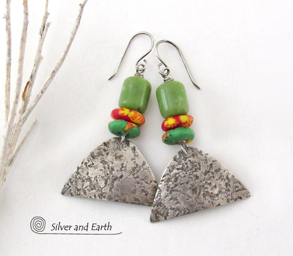 Rustic Tribal Sterling Silver Earrings with Colorful African Glass Beads and Green Serpentine Stones