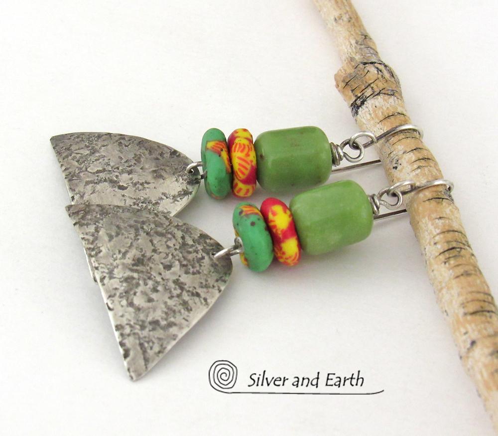 Rustic Tribal Sterling Silver Earrings with Colorful African Glass Beads and Green Serpentine Stones