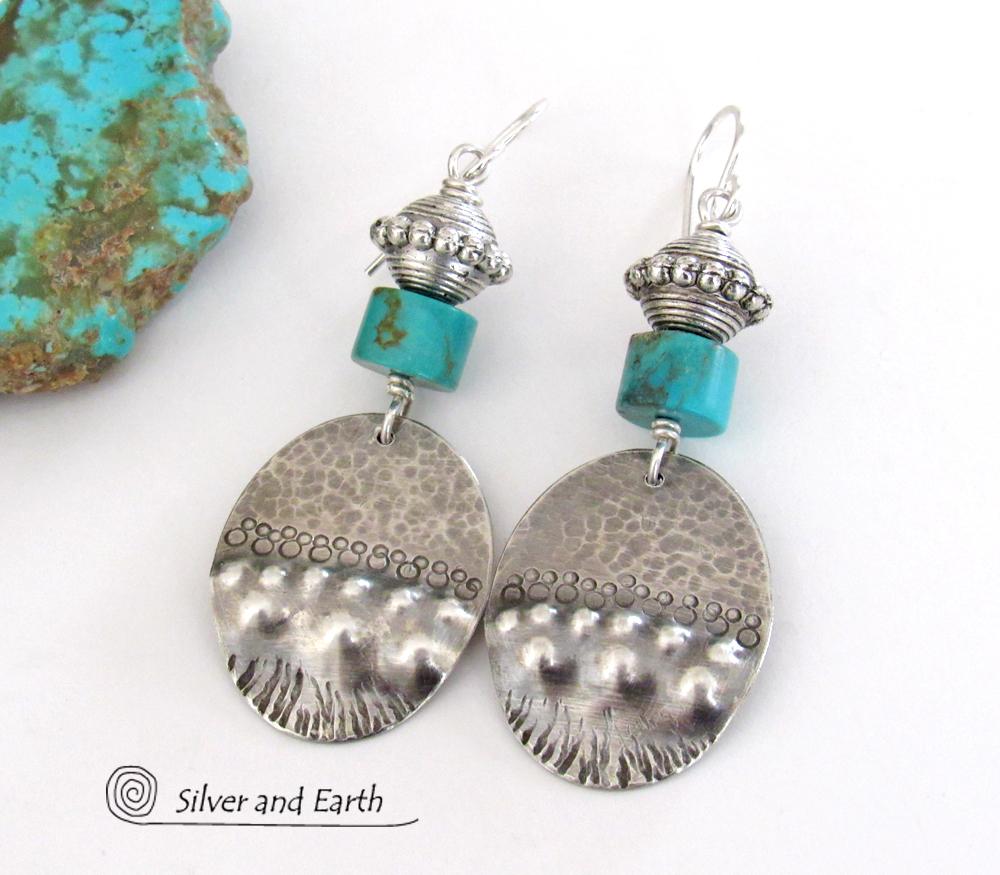 Turquoise & Sterling Silver Oval Dangle Earrings - Tribal Southwestern Style Jewelry