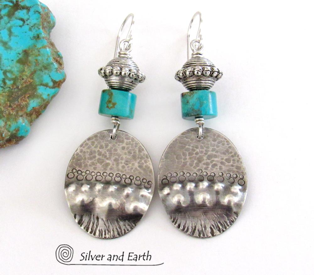 Turquoise & Sterling Silver Oval Dangle Earrings - Tribal Southwestern Style Jewelry