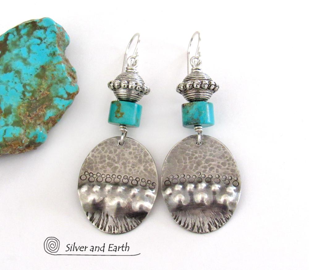 Turquoise & Sterling Silver Oval Dangle Earrings - Tribal Southwestern Style Jewelry