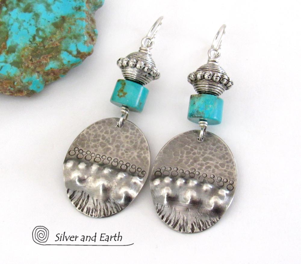 Turquoise & Sterling Silver Oval Dangle Earrings - Tribal Southwestern Style Jewelry