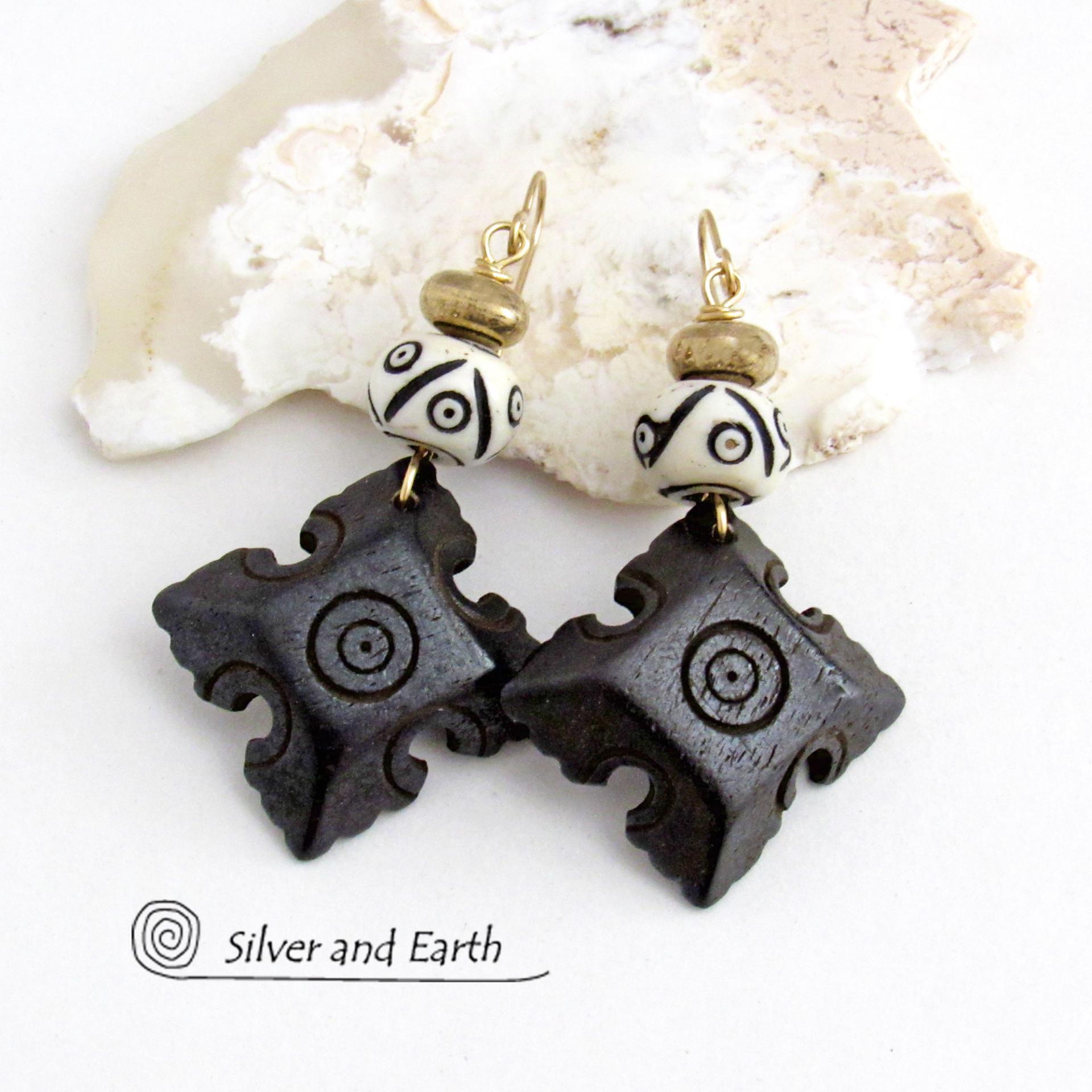 Brown Wood Earrings with African Carved Bone Beads - Ethnic Boho Tribal Style Jewelry