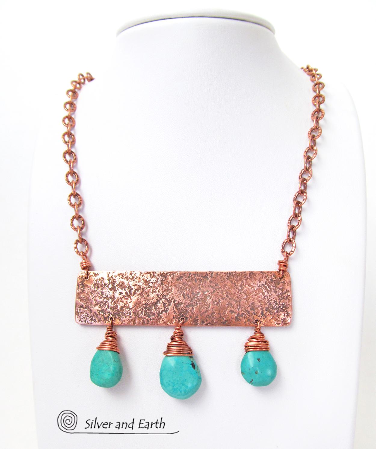 Natural Turquoise & Copper Statement Necklace - Bold Boho Chic Jewelry