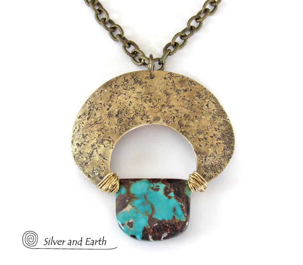 Large Gold Brass Crescent Moon Necklace with Natural Turquoise Gemstone