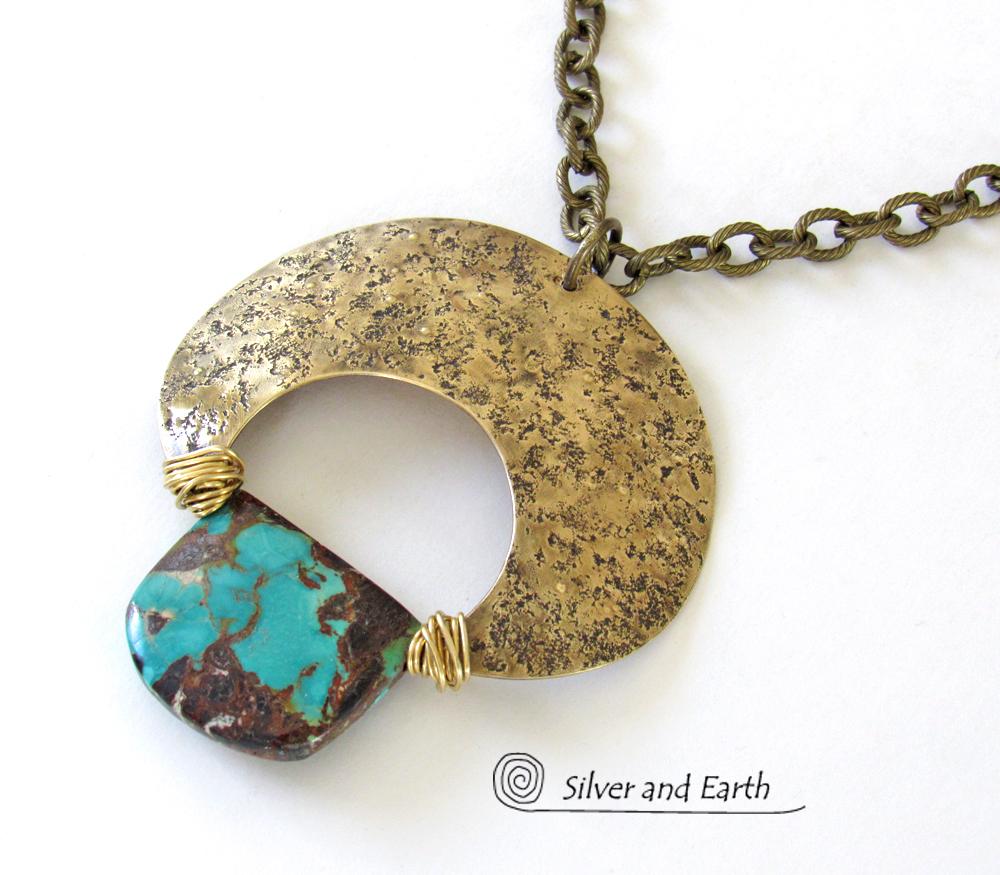 Large Gold Brass Crescent Moon Necklace with Natural Turquoise Gemstone