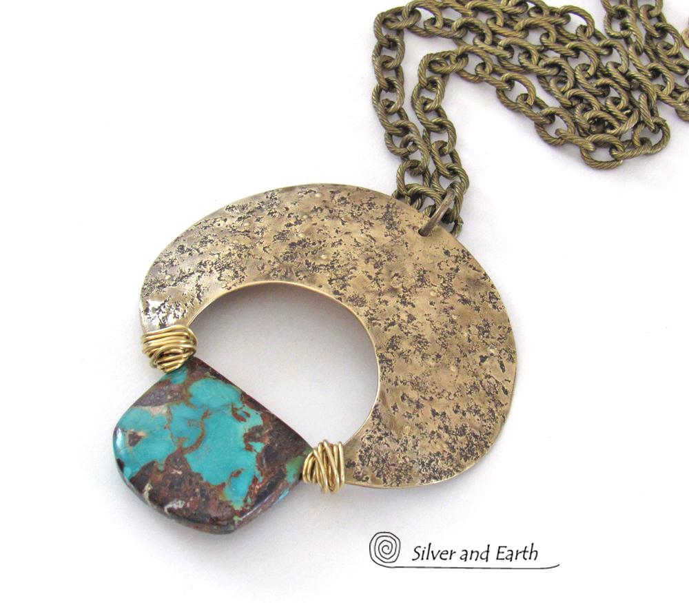 Large Gold Brass Crescent Moon Necklace with Natural Turquoise Gemstone