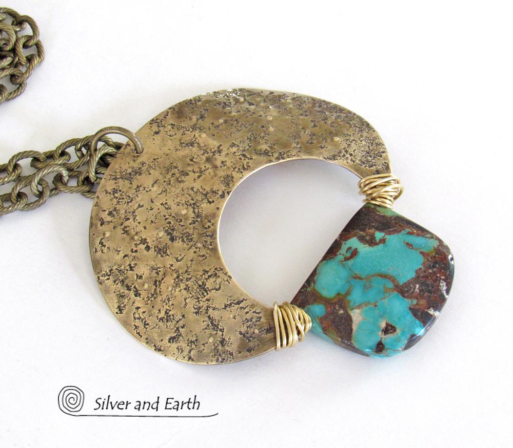 Large Gold Brass Crescent Moon Necklace with Natural Turquoise Gemstone