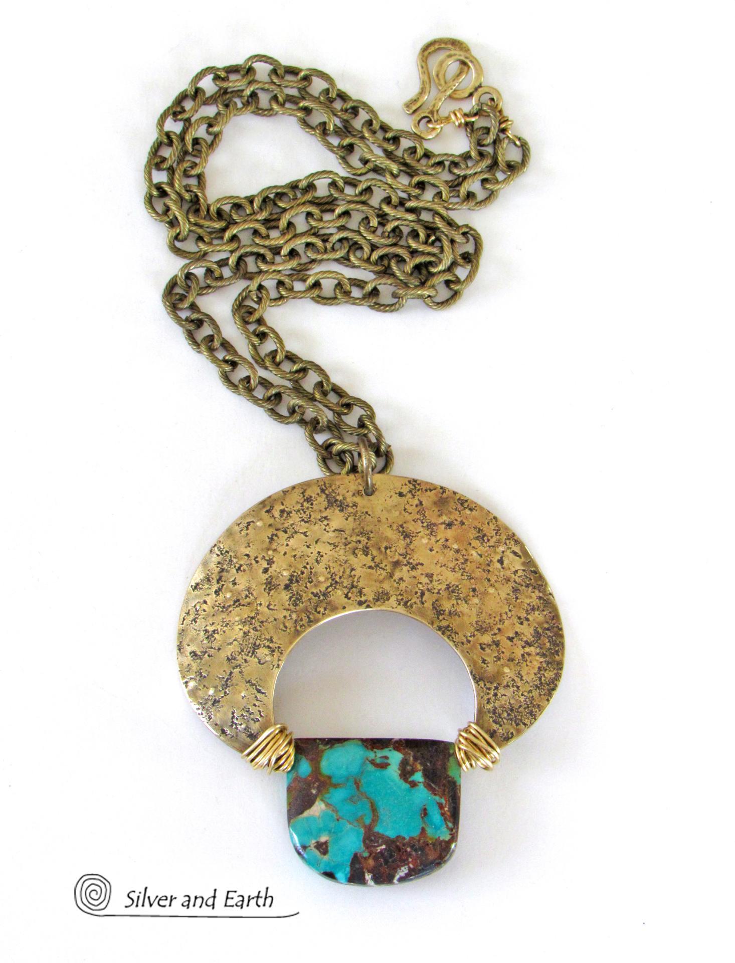 Large Gold Brass Crescent Moon Necklace with Natural Turquoise Gemstone