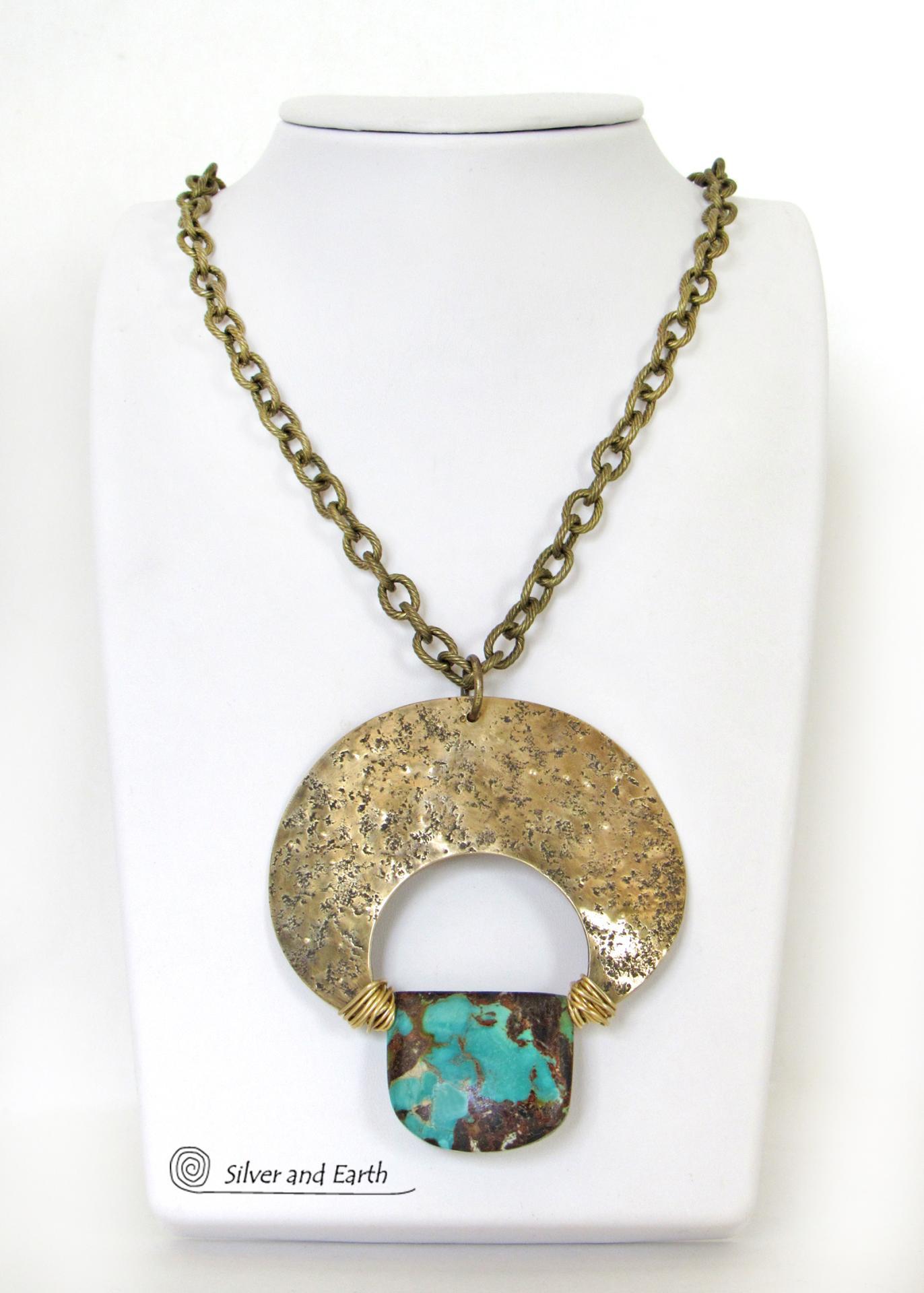 Large Gold Brass Crescent Moon Necklace with Natural Turquoise Gemstone