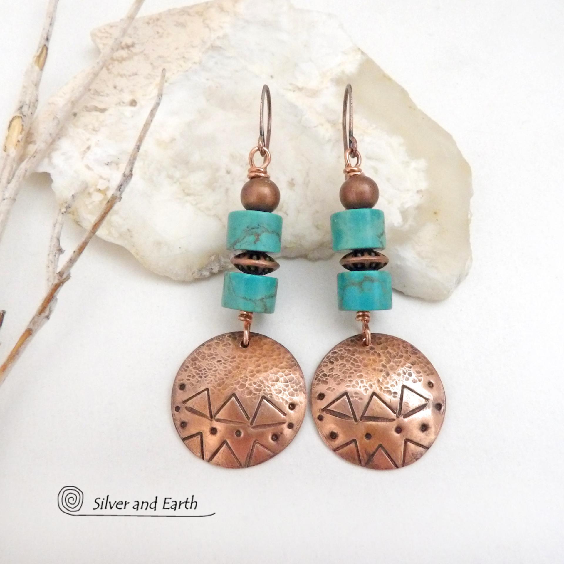 Handcrafted copper dangle earrings with a hand stamped texture accented with a stack of genuine turquoise stones and copper beads. They have an earthy, southwest boho tribal style that makes a bold unique statement. They'll make a great gift for women that love the southwest style - or a nice addition to your own jewelry wardrobe. Silver and Earth Jewelry is a New Mexico True Certified business known for unique, hancrafted designs.