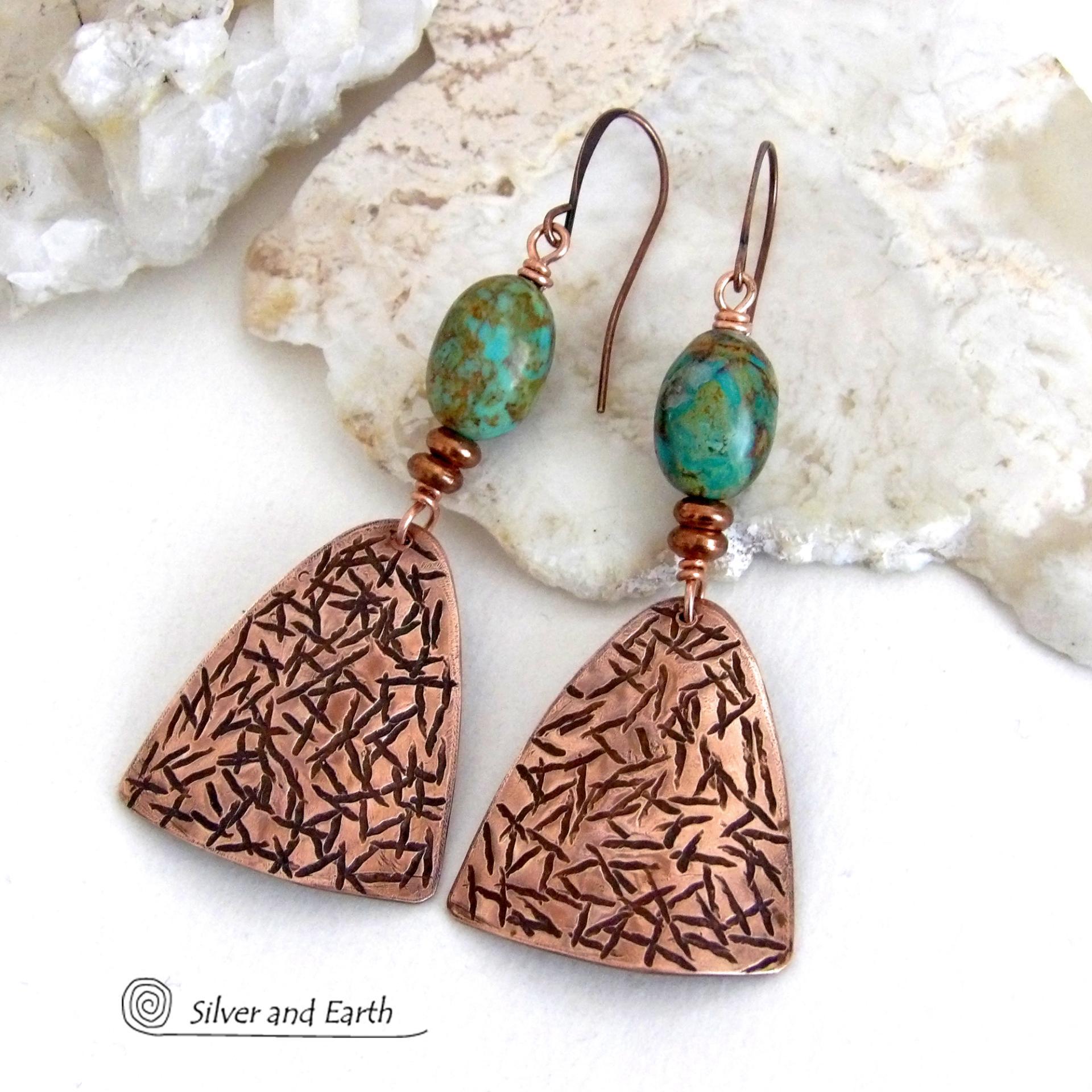 These handcrafted copper earrings have a hand stamped texture and are accented with natural turquoise stones and tiny copper beads. The turquoise is a beautiful shade of greenish-blue with an earthy, natural copper matrix. They have a modern style with a touch of southwest flair that coordinates beautifully with all types of wardrobes. They'll make a great gift for couples celebrating their seventh wedding anniversary - copper is the traditional choice for this occasion. 