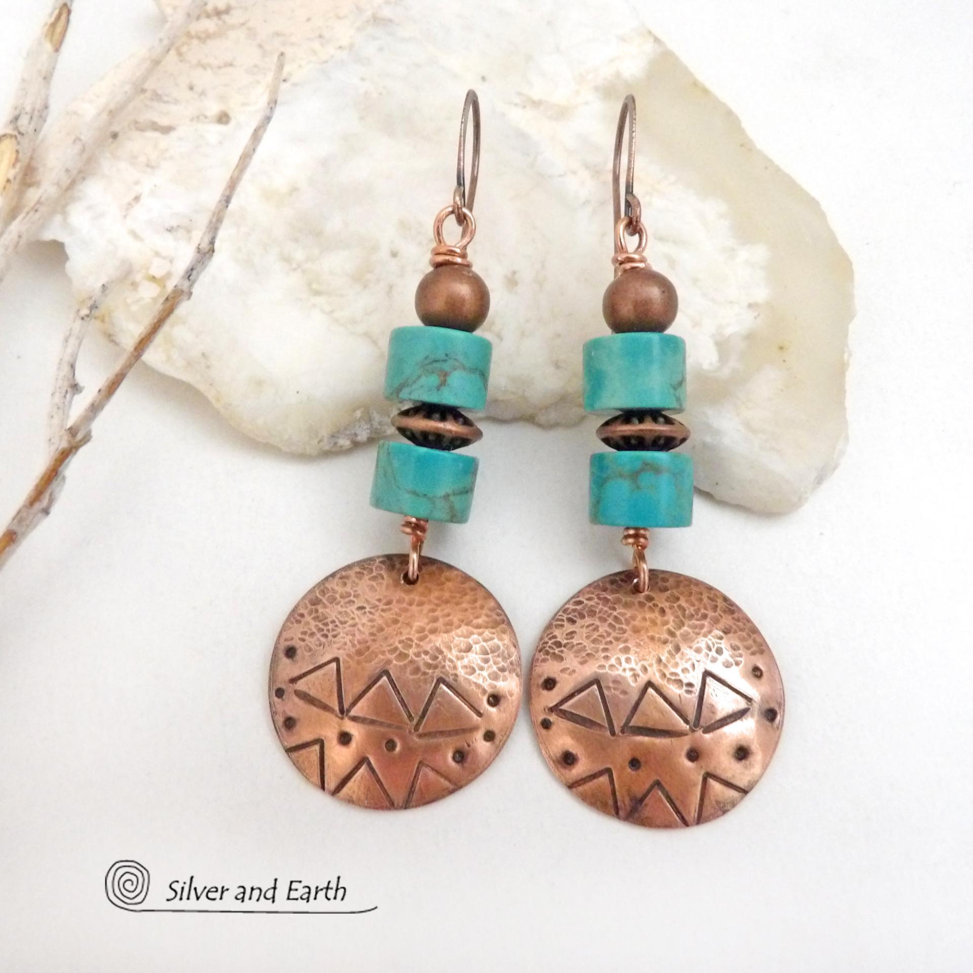 Handcrafted copper dangle earrings with a hand stamped texture accented with a stack of genuine turquoise stones and copper beads. They have an earthy, southwest boho tribal style that makes a bold unique statement. They'll make a great gift for women that love the southwest style - or a nice addition to your own jewelry wardrobe. Silver and Earth Jewelry is a New Mexico True Certified business known for unique, hancrafted designs.
