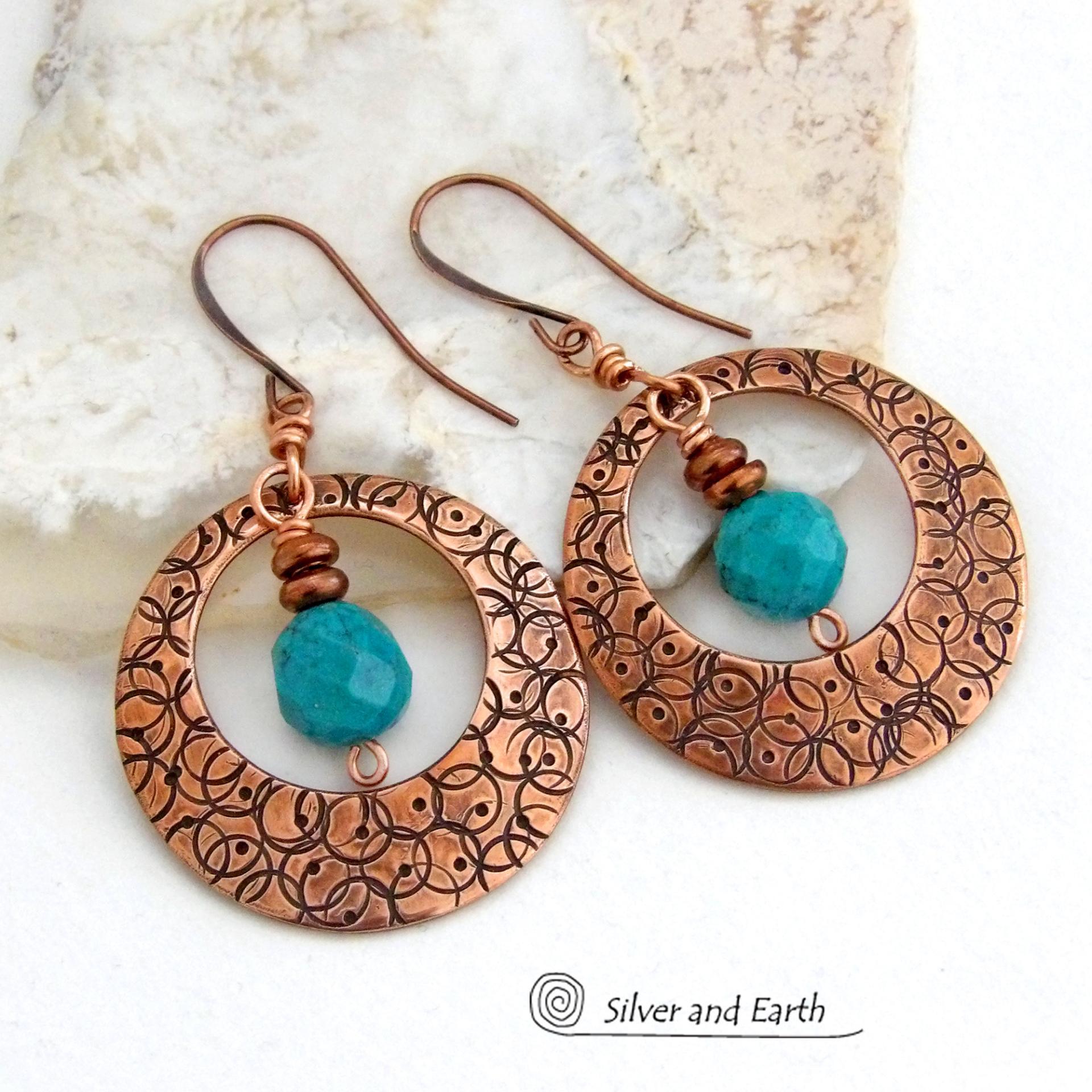 These handcrafted copper hoops have a hand stamped texture and are accented with faceted natural turquoise gemstones dangling in front. Perfect for all wardrobes types - they have a trendy modern style with a touch of southwestern flair. Perfect for women that love to make a bold statement and appreciate artisan handcrafted unique jewelry. Handmade in the USA by Silver and Earth Jewelry. Your choice of ear wires - copper or hypoallergenic niobium. 
