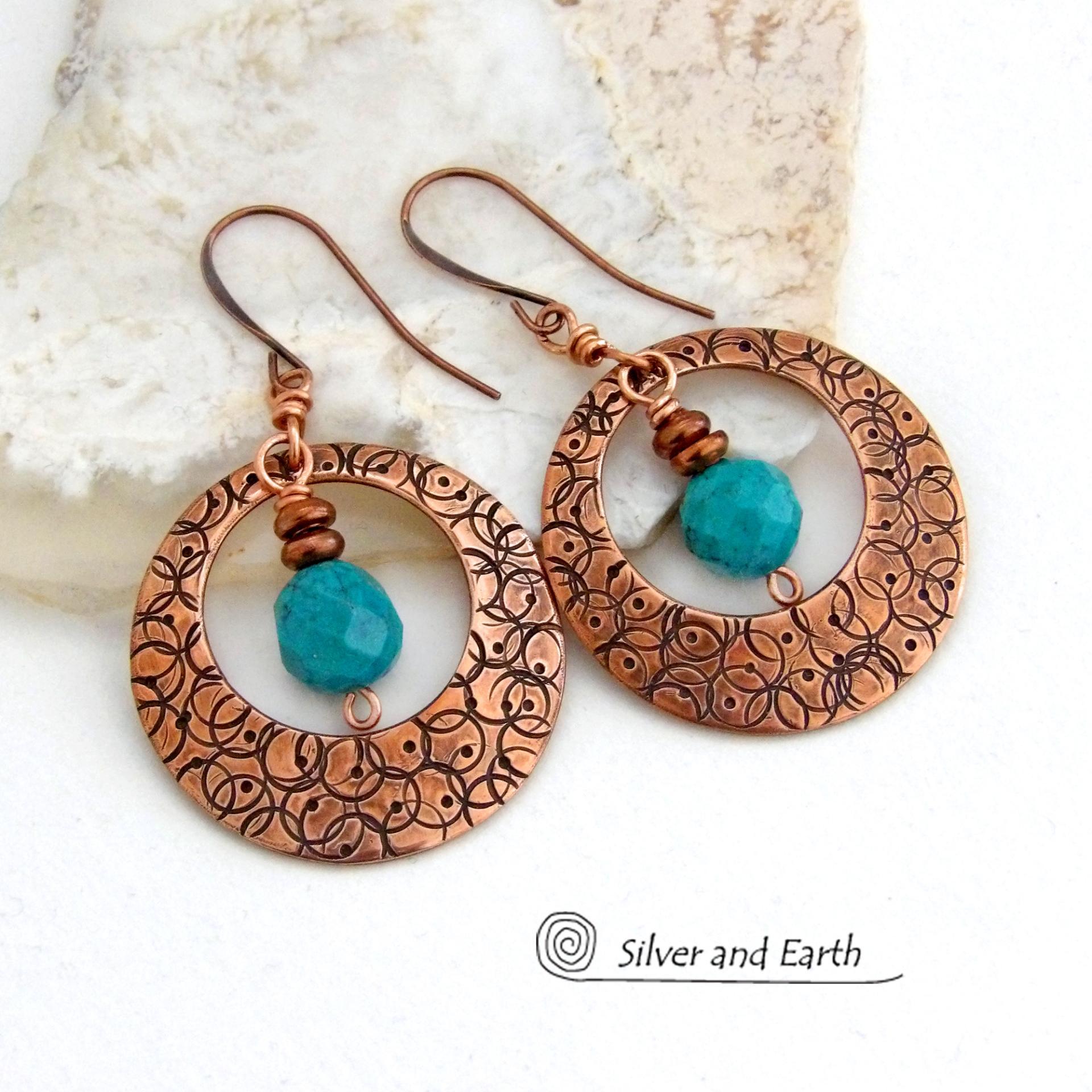 These handcrafted copper hoops have a hand stamped texture and are accented with faceted natural turquoise gemstones dangling in front. Perfect for all wardrobes types - they have a trendy modern style with a touch of southwestern flair. Perfect for women that love to make a bold statement and appreciate artisan handcrafted unique jewelry. Handmade in the USA by Silver and Earth Jewelry. Your choice of ear wires - copper or hypoallergenic niobium. 