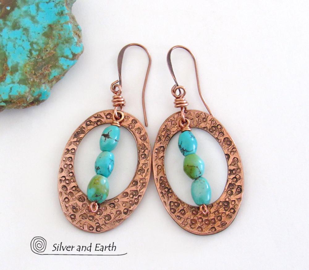 Turquoise & Copper Oval Hoop Dangle Earrings - Modern Trendy Boho Jewelry