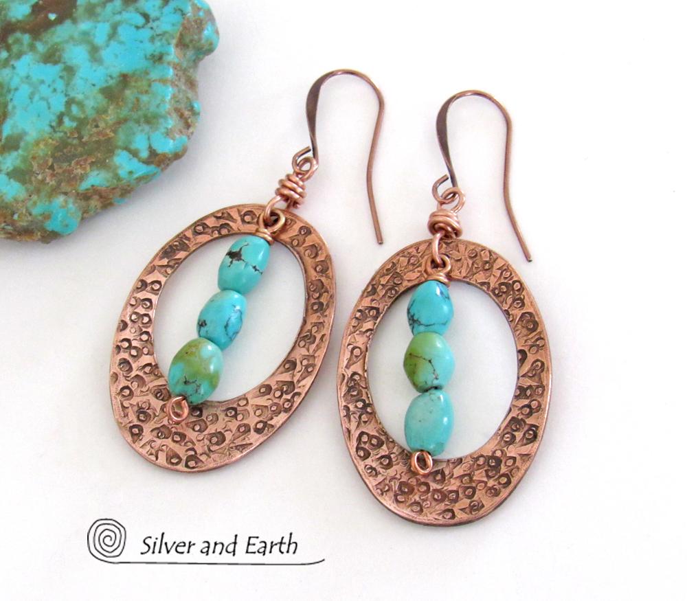 Turquoise & Copper Oval Hoop Dangle Earrings - Modern Trendy Boho Jewelry