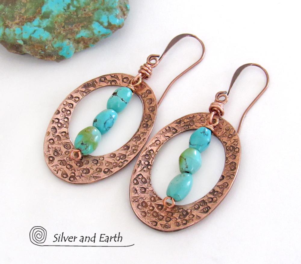 Turquoise & Copper Oval Hoop Dangle Earrings - Modern Trendy Boho Jewelry