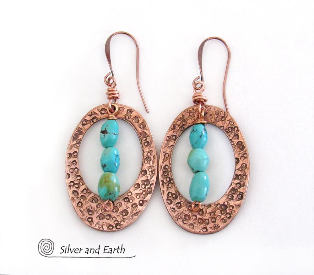 Turquoise & Copper Oval Hoop Dangle Earrings - Modern Trendy Boho Jewelry