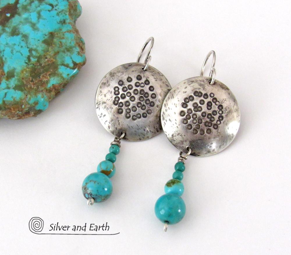 Hand Stamped Sterling Silver Earrings with Dangling Turquoise Stones - Boho Sundance / Southwest Style Artisan Handmade Jewelry