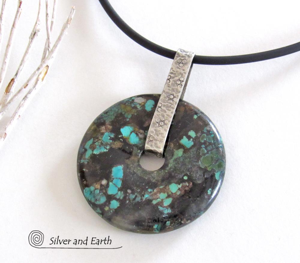 Natural Turquoise Sterling Silver Pendant - Rustic Organic Earthy Stone Jewelry