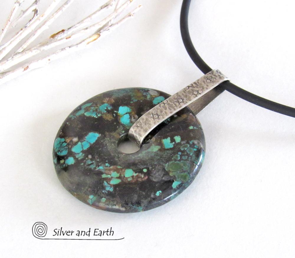 Natural Turquoise Sterling Silver Pendant - Rustic Organic Earthy Stone Jewelry