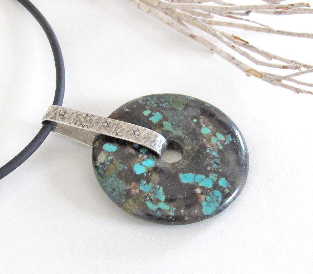 Natural Turquoise Sterling Silver Pendant - Rustic Organic Earthy Stone Jewelry