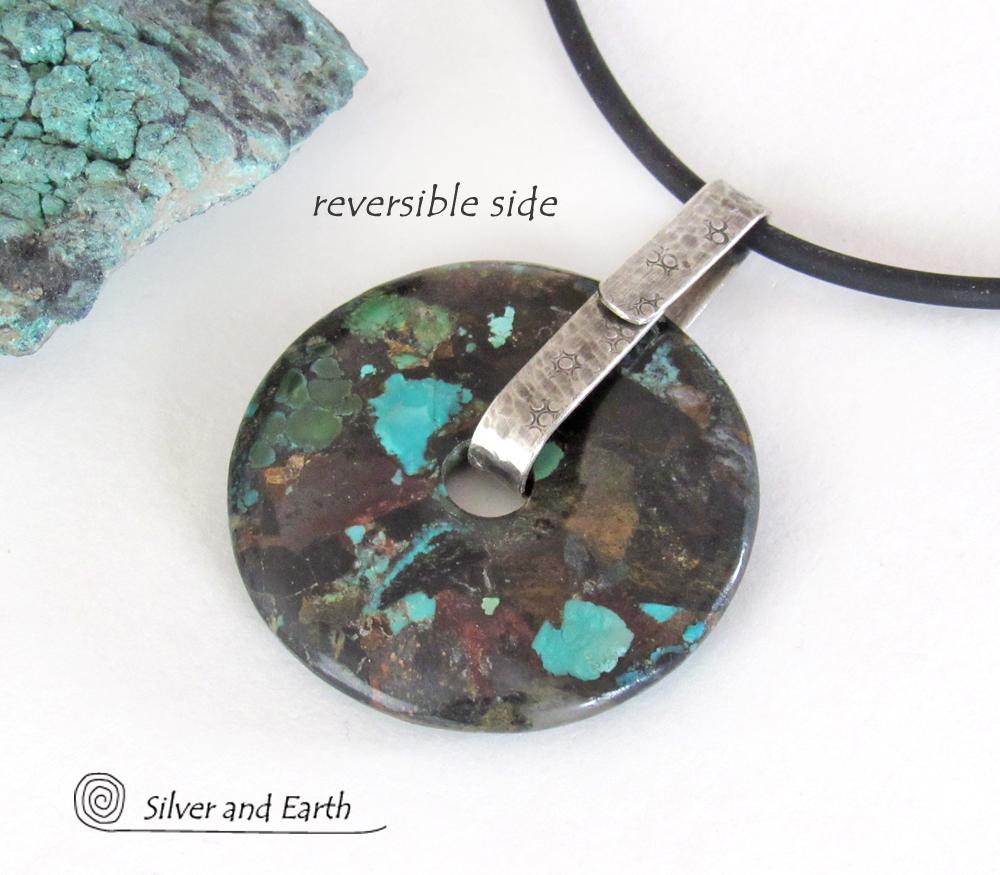 Natural Turquoise Sterling Silver Pendant - Rustic Organic Earthy Stone Jewelry