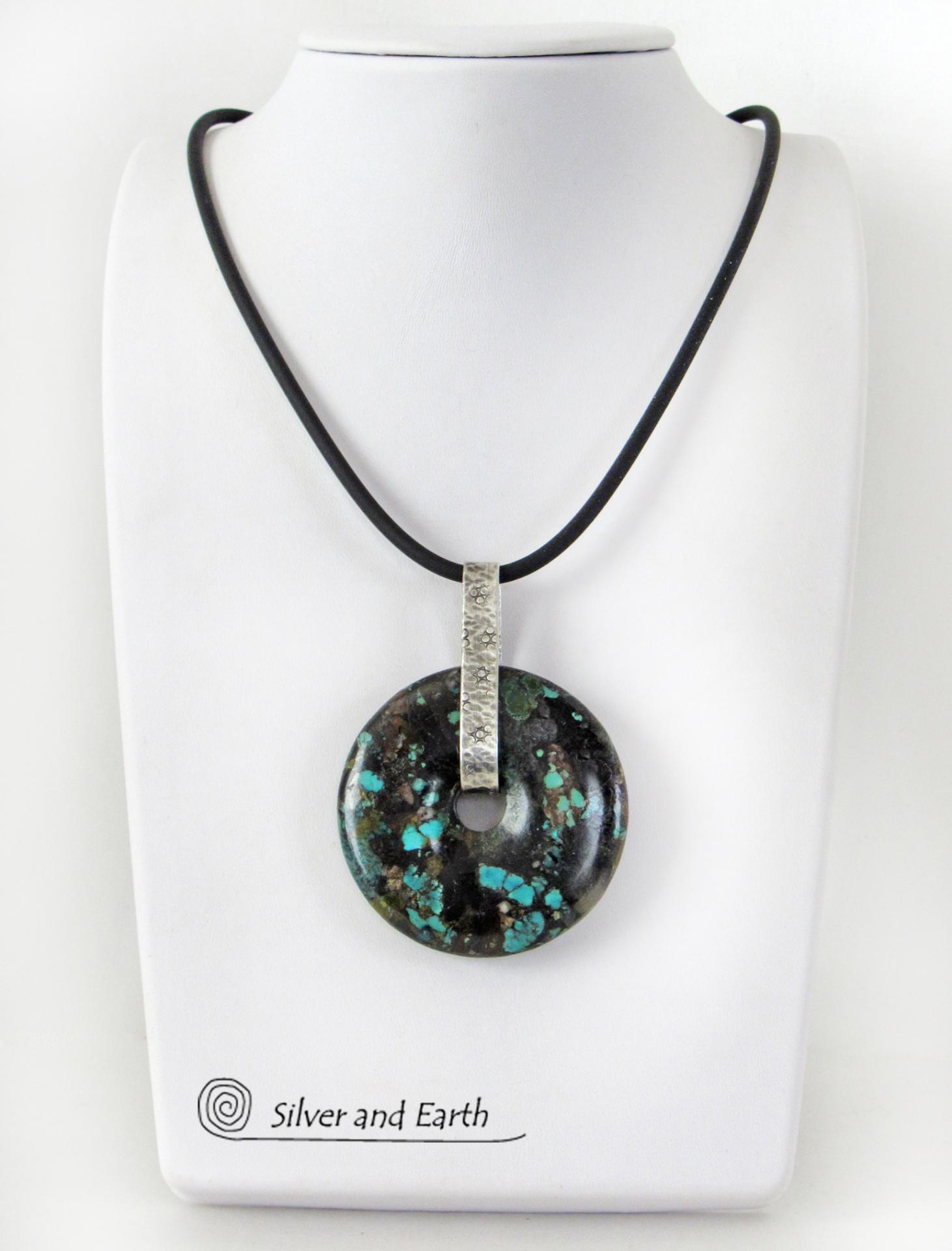 Natural Turquoise Sterling Silver Pendant - Rustic Organic Earthy Stone Jewelry