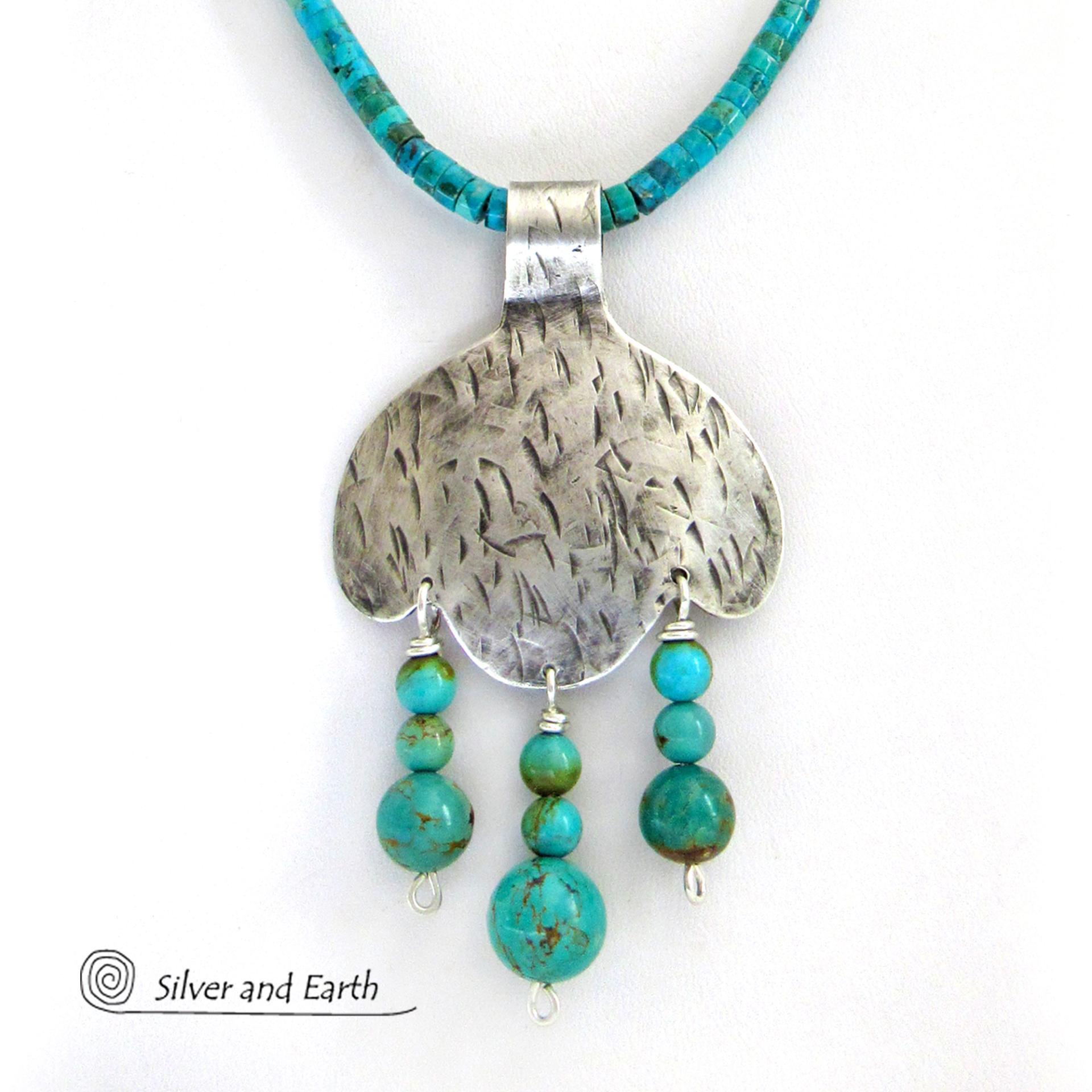 Sterling Silver Pendant with Turquoise Fringe Dangles on Turquoise Heishi Necklace - Southwestern Style Jewelry