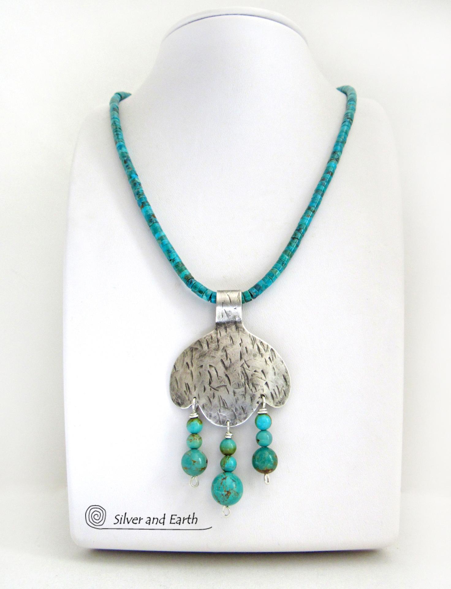 Sterling Silver Pendant with Turquoise Fringe Dangles on Turquoise Heishi Necklace - Southwestern Style Jewelry