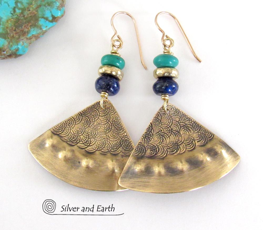 Gold Brass Earrings with Lapis Lazuli & Turquoise - Egyptian Inspired Jewelry