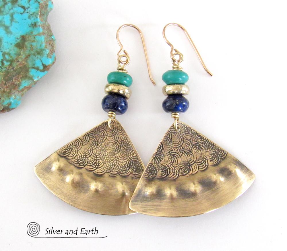 Gold Brass Earrings with Lapis Lazuli & Turquoise - Egyptian Inspired Jewelry