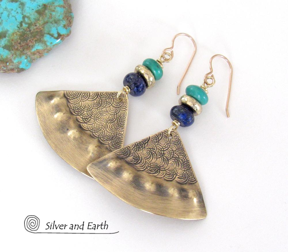 Gold Brass Earrings with Lapis Lazuli & Turquoise - Egyptian Inspired Jewelry
