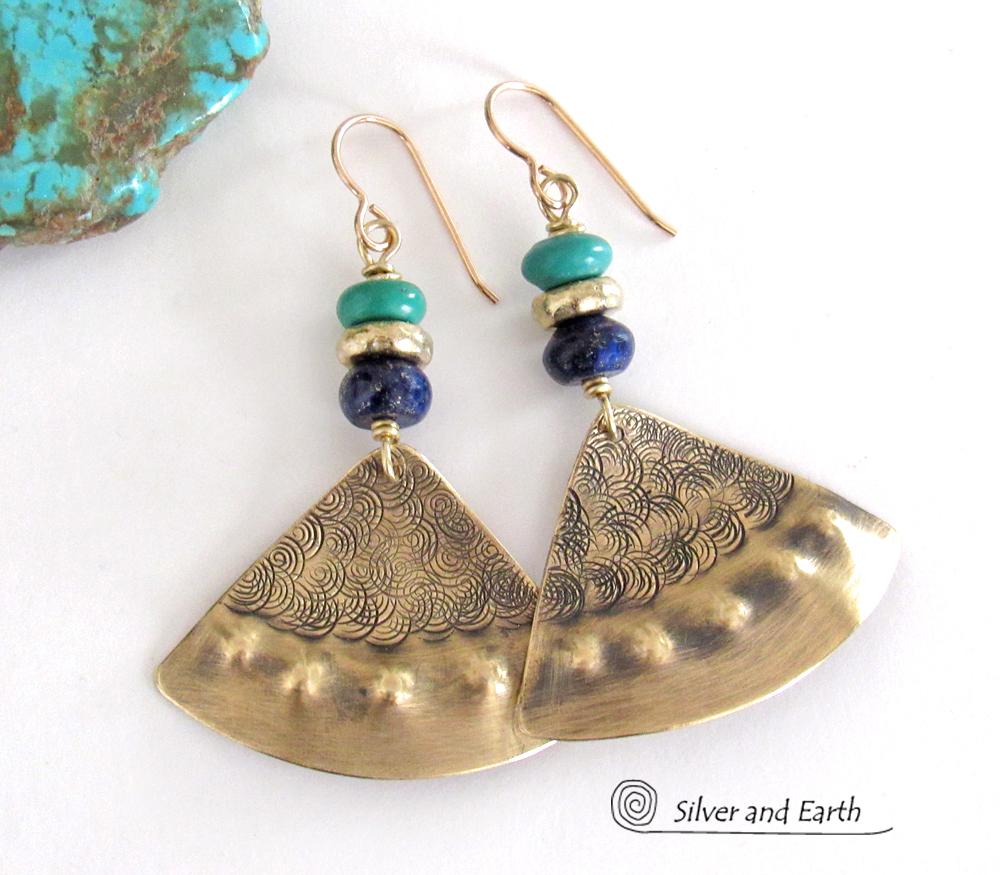 Gold Brass Earrings with Lapis Lazuli & Turquoise - Egyptian Inspired Jewelry