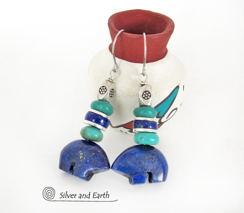 Zuni Bear Lapis & Turquoise Earrings - Southwestern Style Jewelry