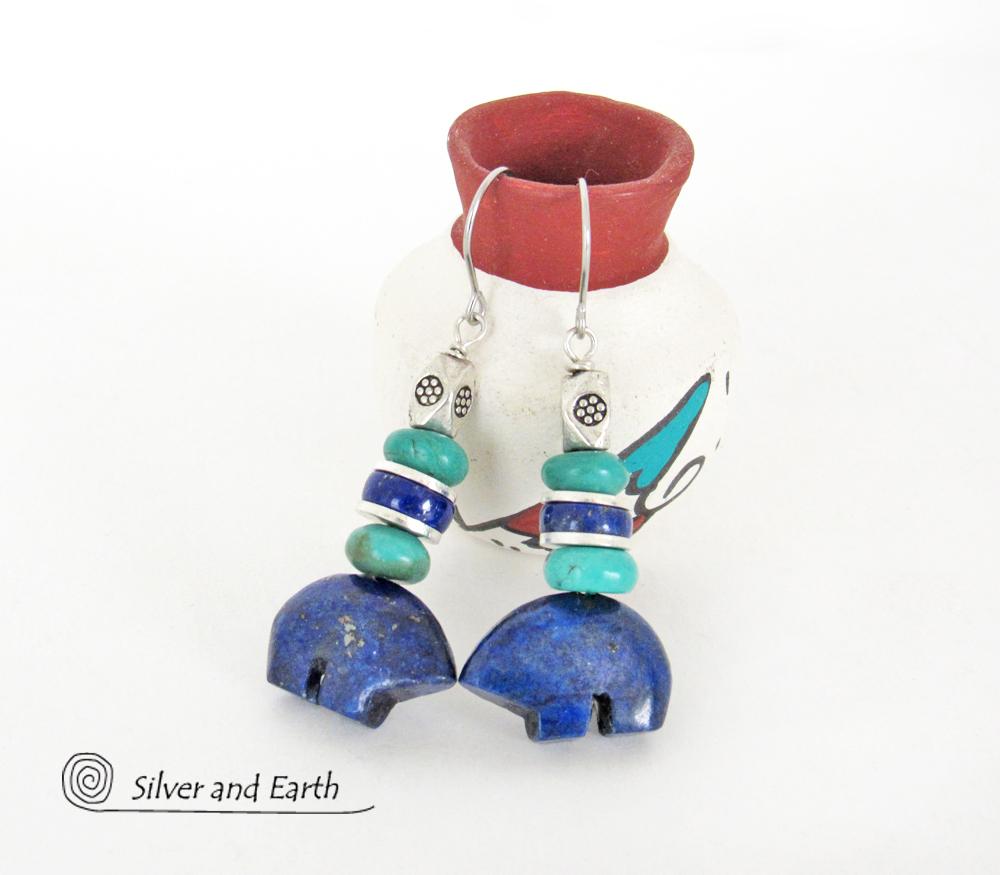 Zuni Bear Lapis & Turquoise Earrings - Southwestern Style Jewelry