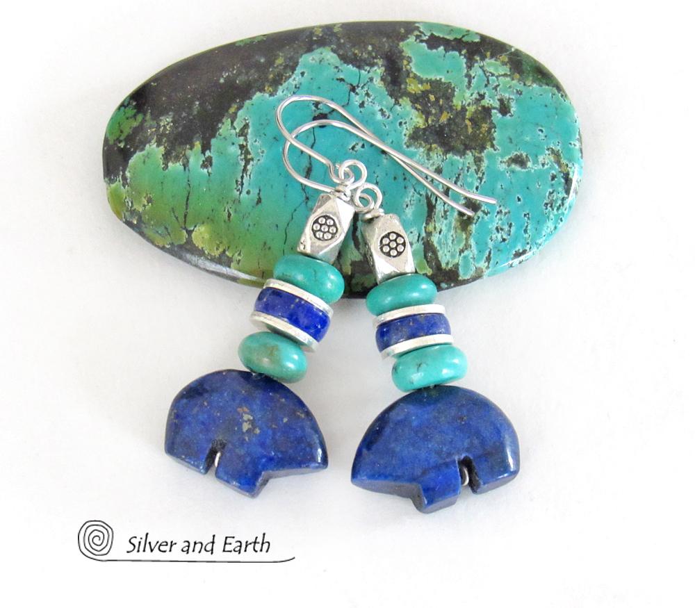 Zuni Bear Lapis & Turquoise Earrings - Southwestern Style Jewelry