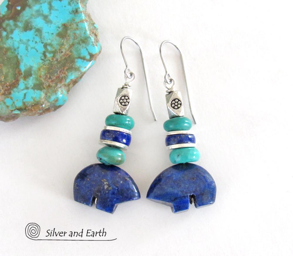 Zuni Bear Lapis & Turquoise Earrings - Southwestern Style Jewelry