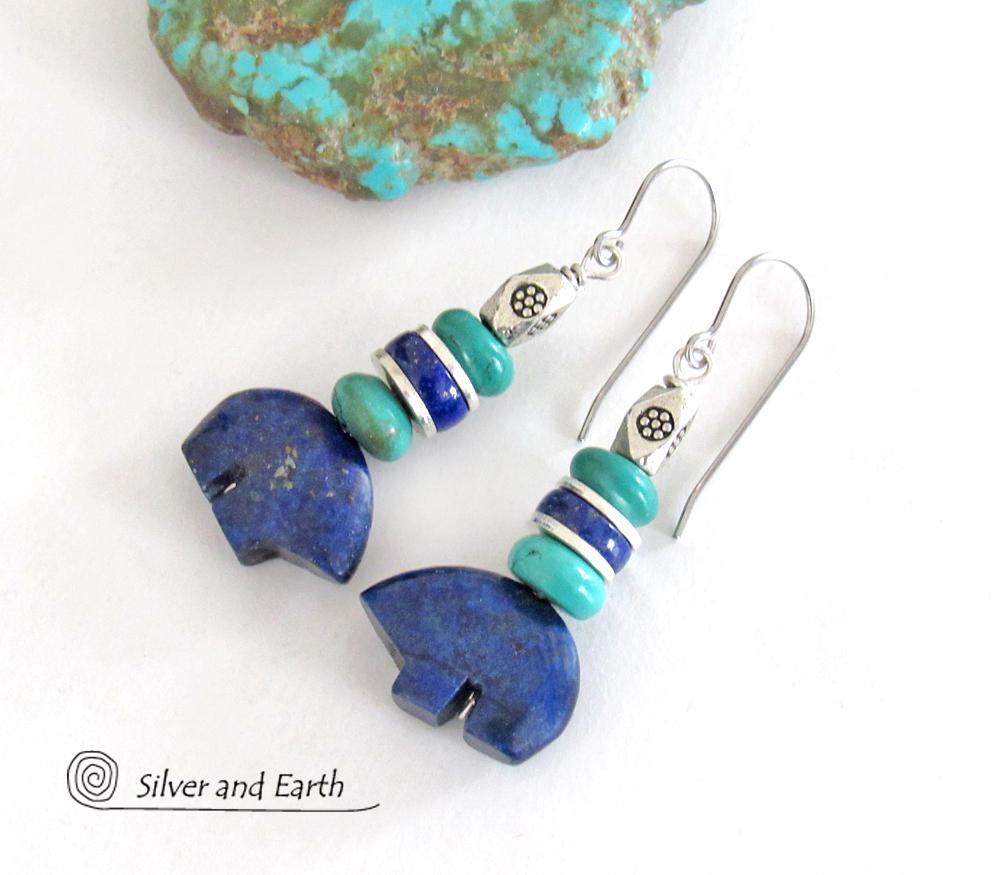 Zuni Bear Lapis & Turquoise Earrings - Southwestern Style Jewelry