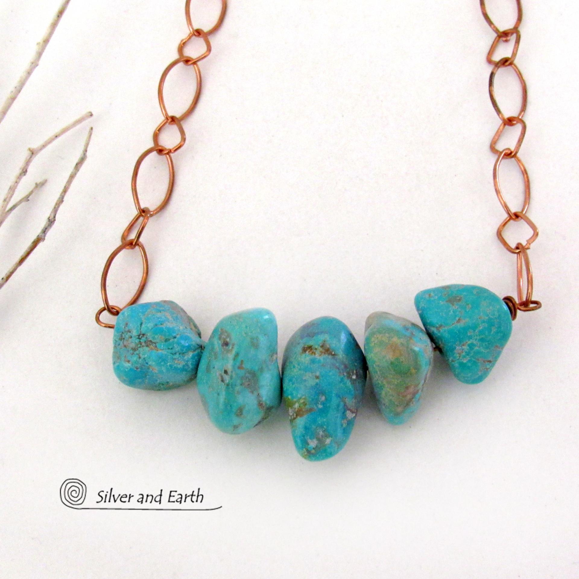 Chunky Turquoise Necklace on Copper Chain - Earthy Natural Turquoise Jewelry