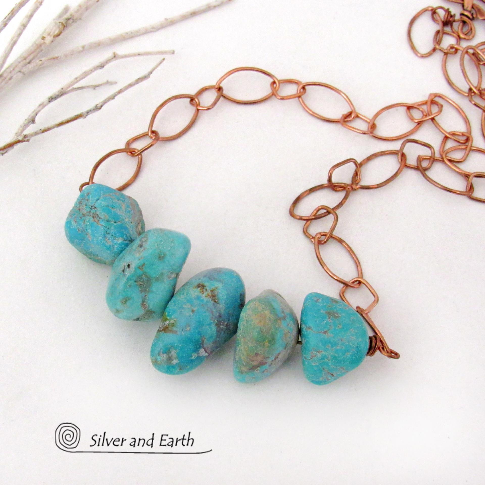 Chunky Turquoise Necklace on Copper Chain - Earthy Natural Turquoise Jewelry