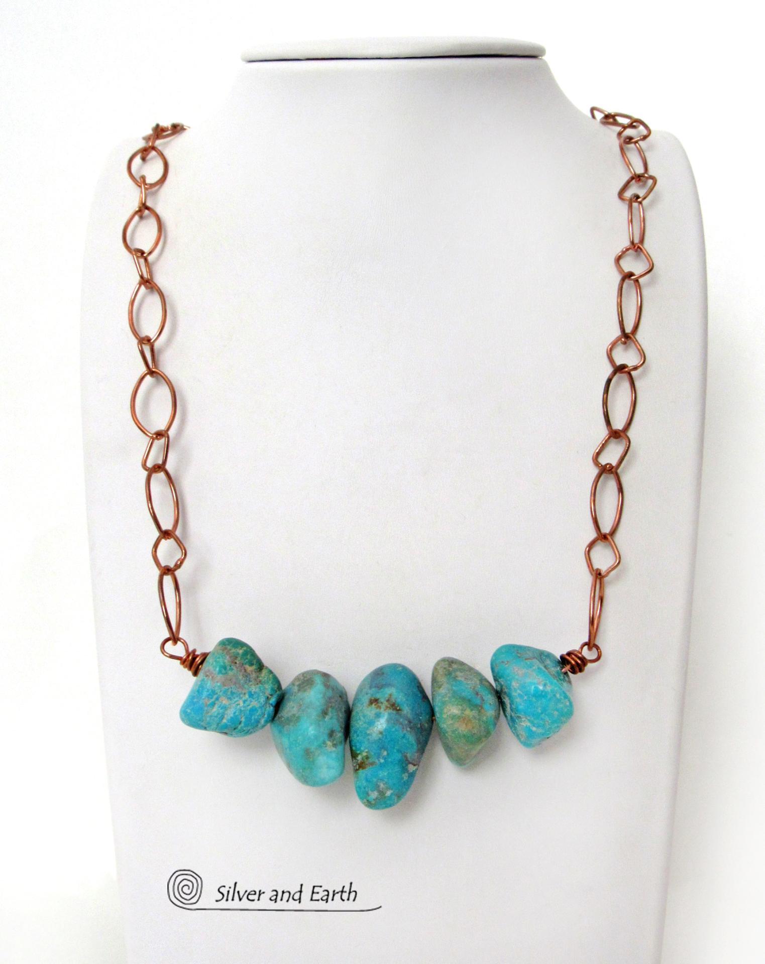 Chunky Turquoise Necklace on Copper Chain - Earthy Natural Turquoise Jewelry