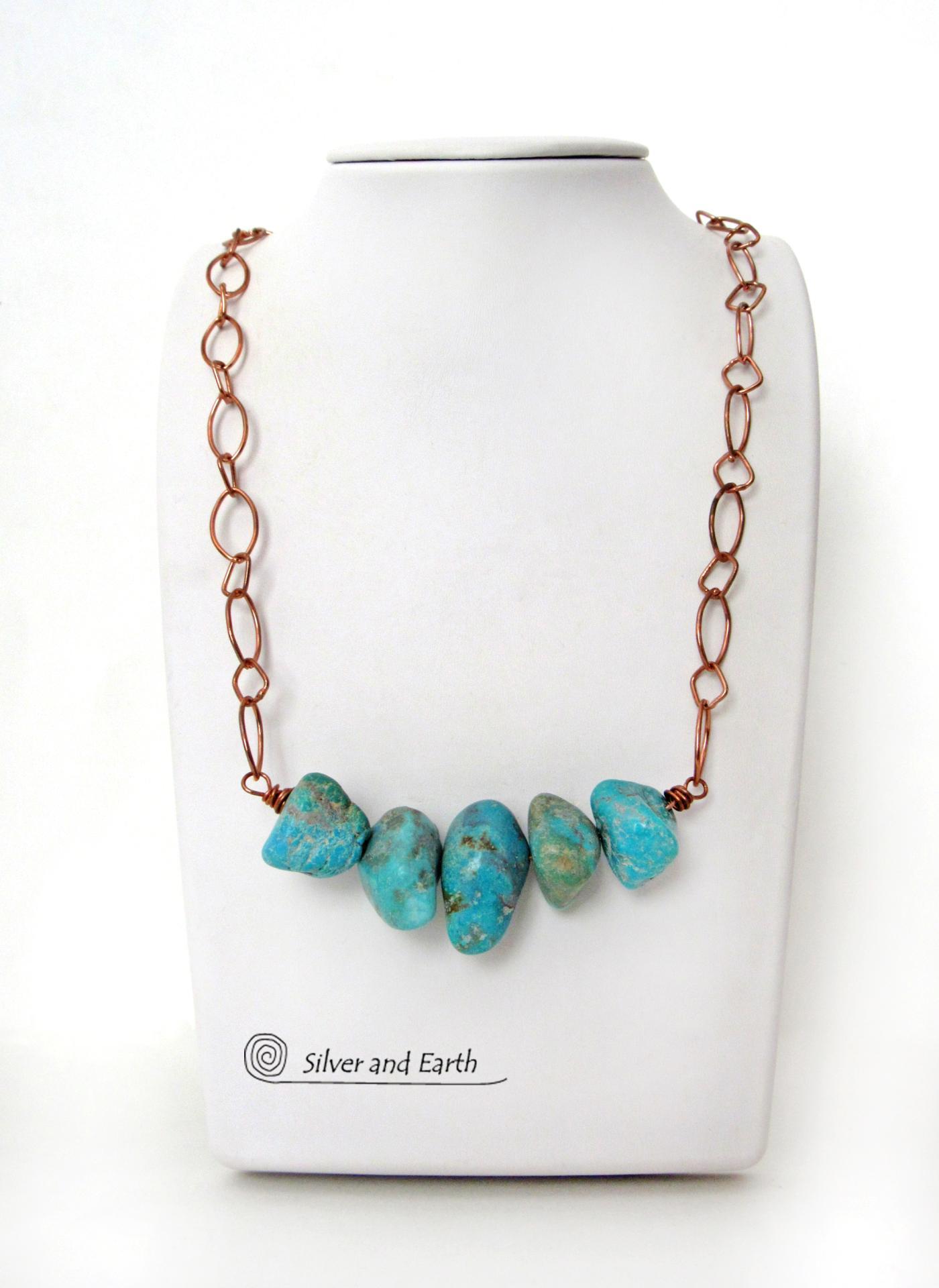 Chunky Turquoise Necklace on Copper Chain - Earthy Natural Turquoise Jewelry