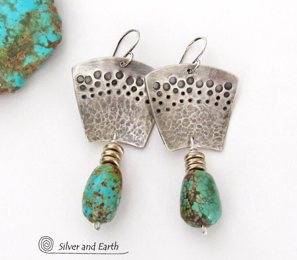 Hand Stamped Sterling Silver & Natural Turquoise Earrings - Bold Modern Southwest Style Handcrafted Jewelry 