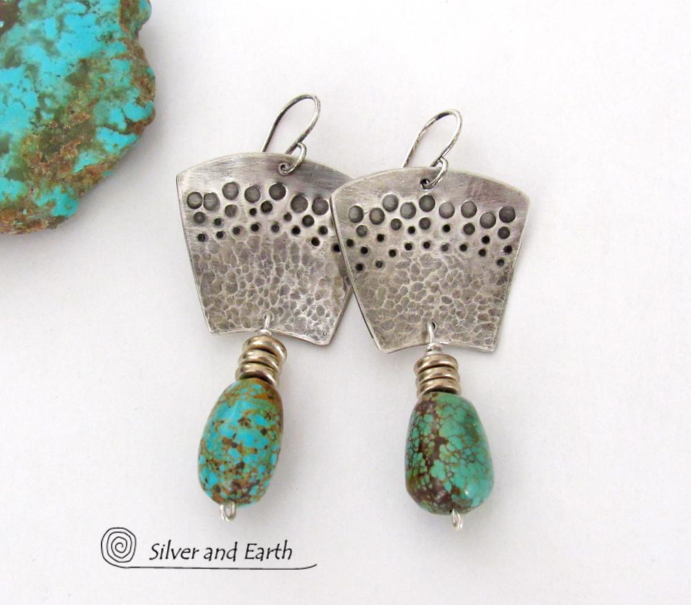 Hand Stamped Sterling Silver & Natural Turquoise Earrings - Bold Modern Southwest Style Handcrafted Jewelry 
