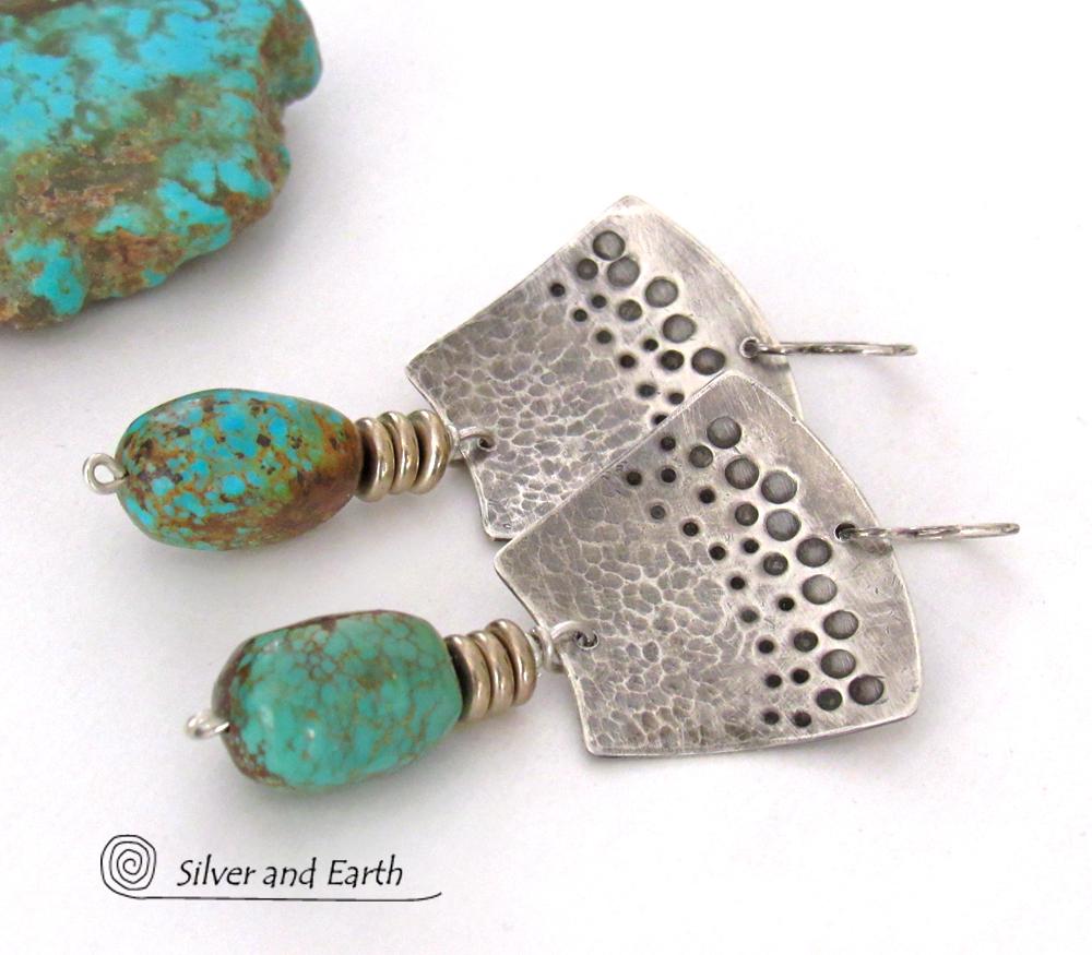Hand Stamped Sterling Silver & Natural Turquoise Earrings - Bold Modern Southwest Style Handcrafted Jewelry 