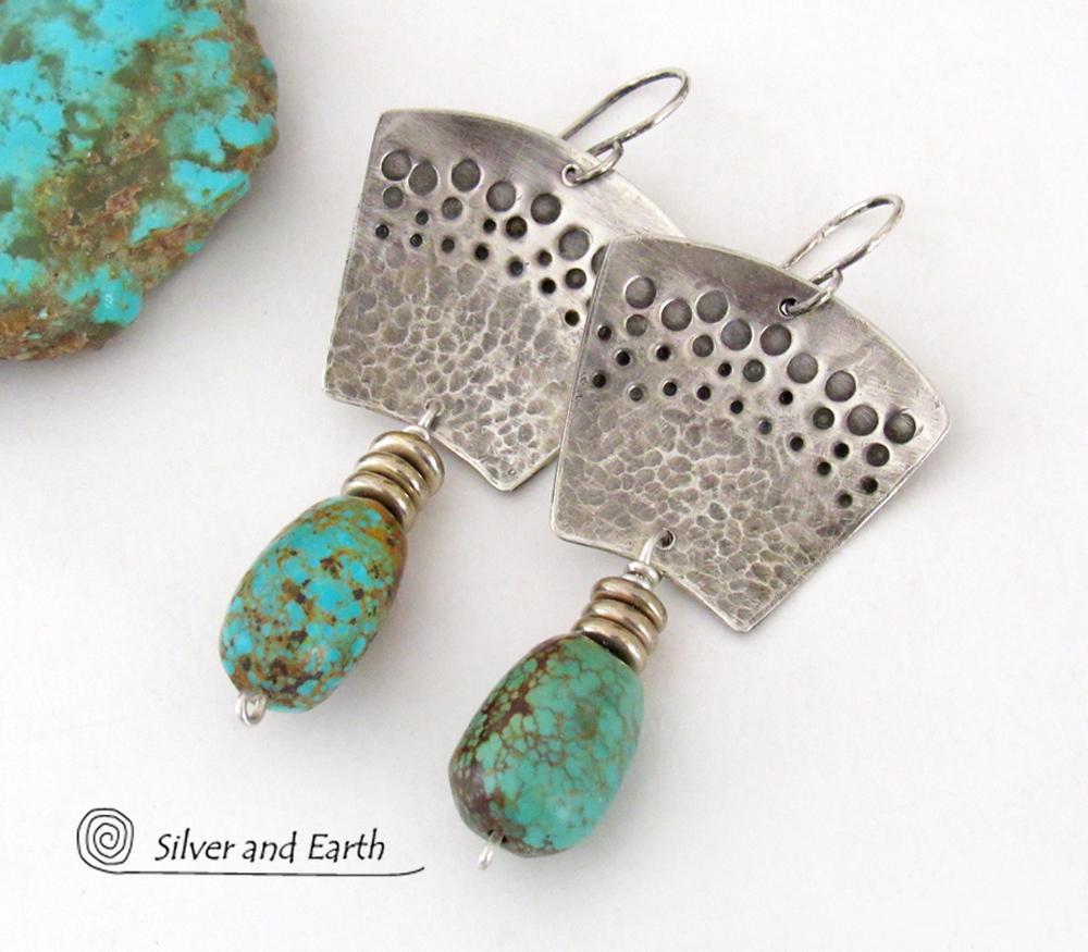 Hand Stamped Sterling Silver & Natural Turquoise Earrings - Bold Modern Southwest Style Handcrafted Jewelry 